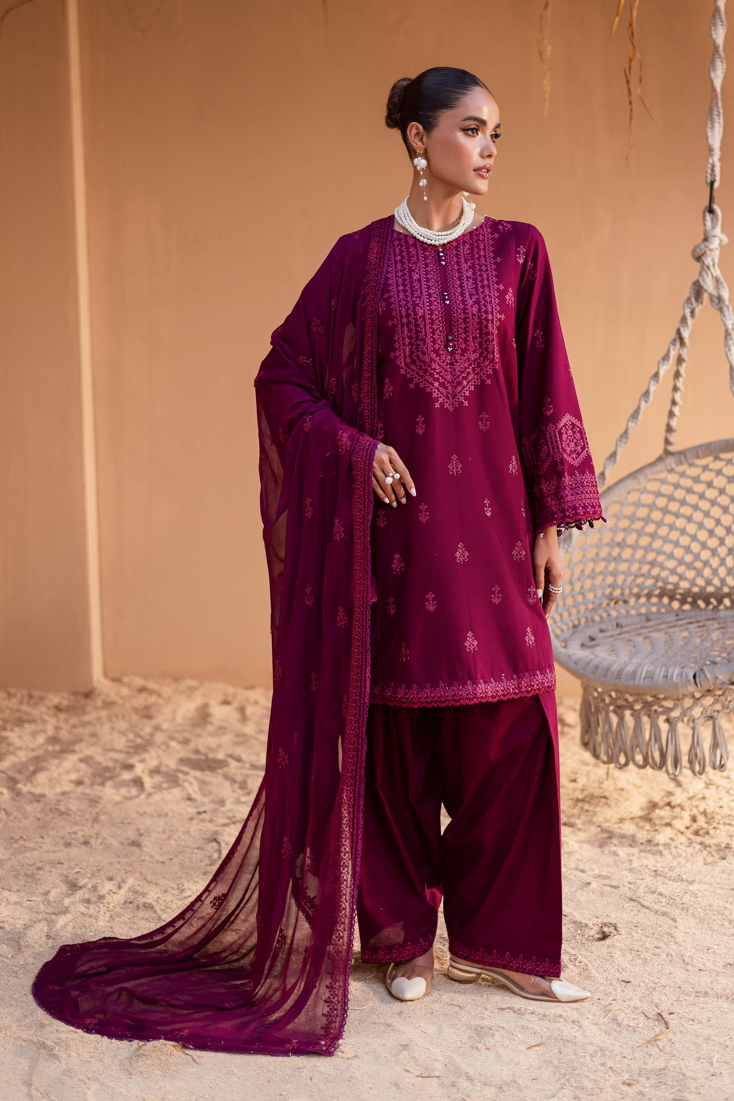 Maroon Henna 3Pc Embroidered Dress