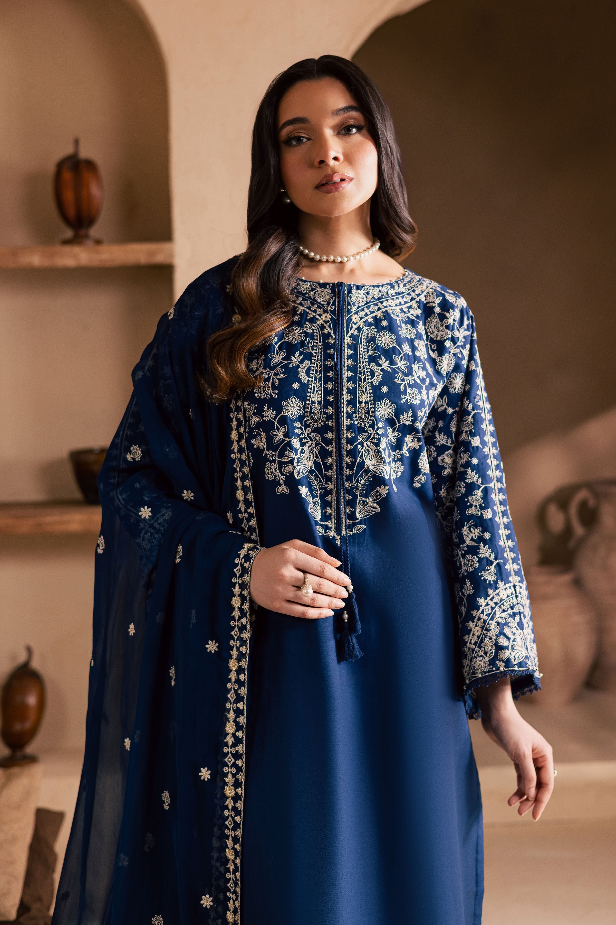 Blue Pashmin 3Pc-Embroidered Dress
