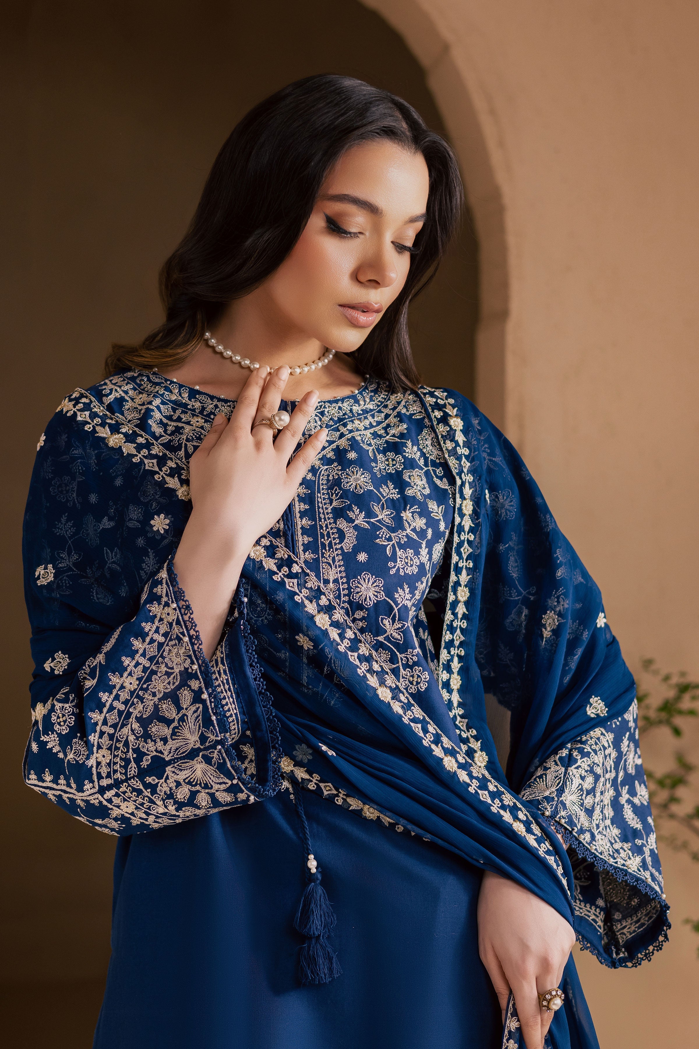 Blue Pashmin 3Pc-Embroidered Dress