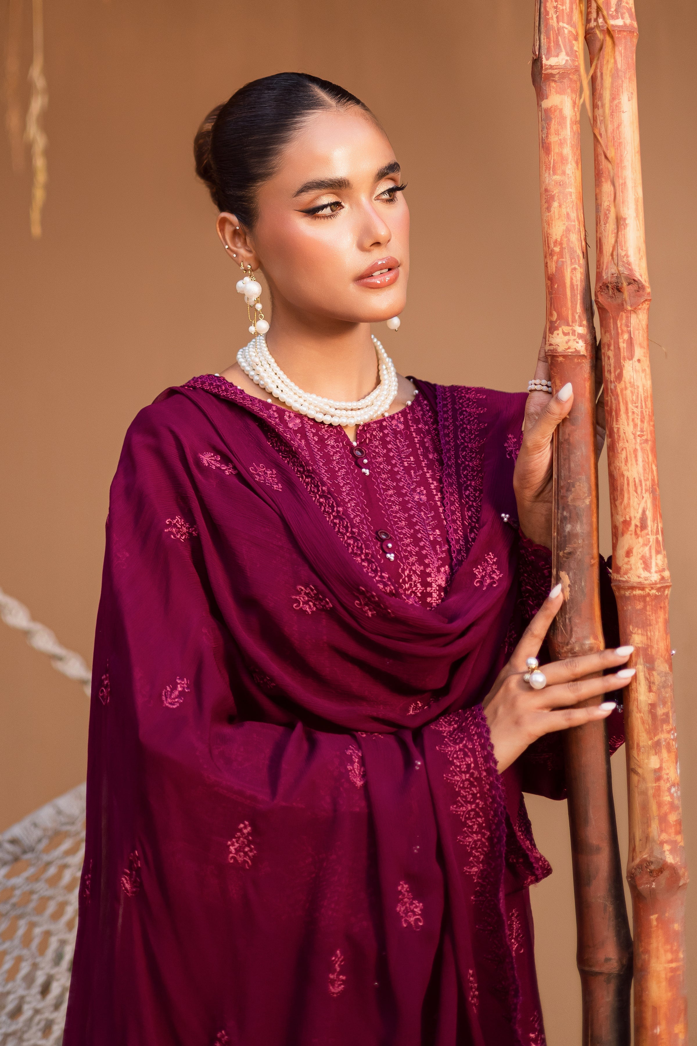 Maroon Henna 3Pc Embroidered Dress