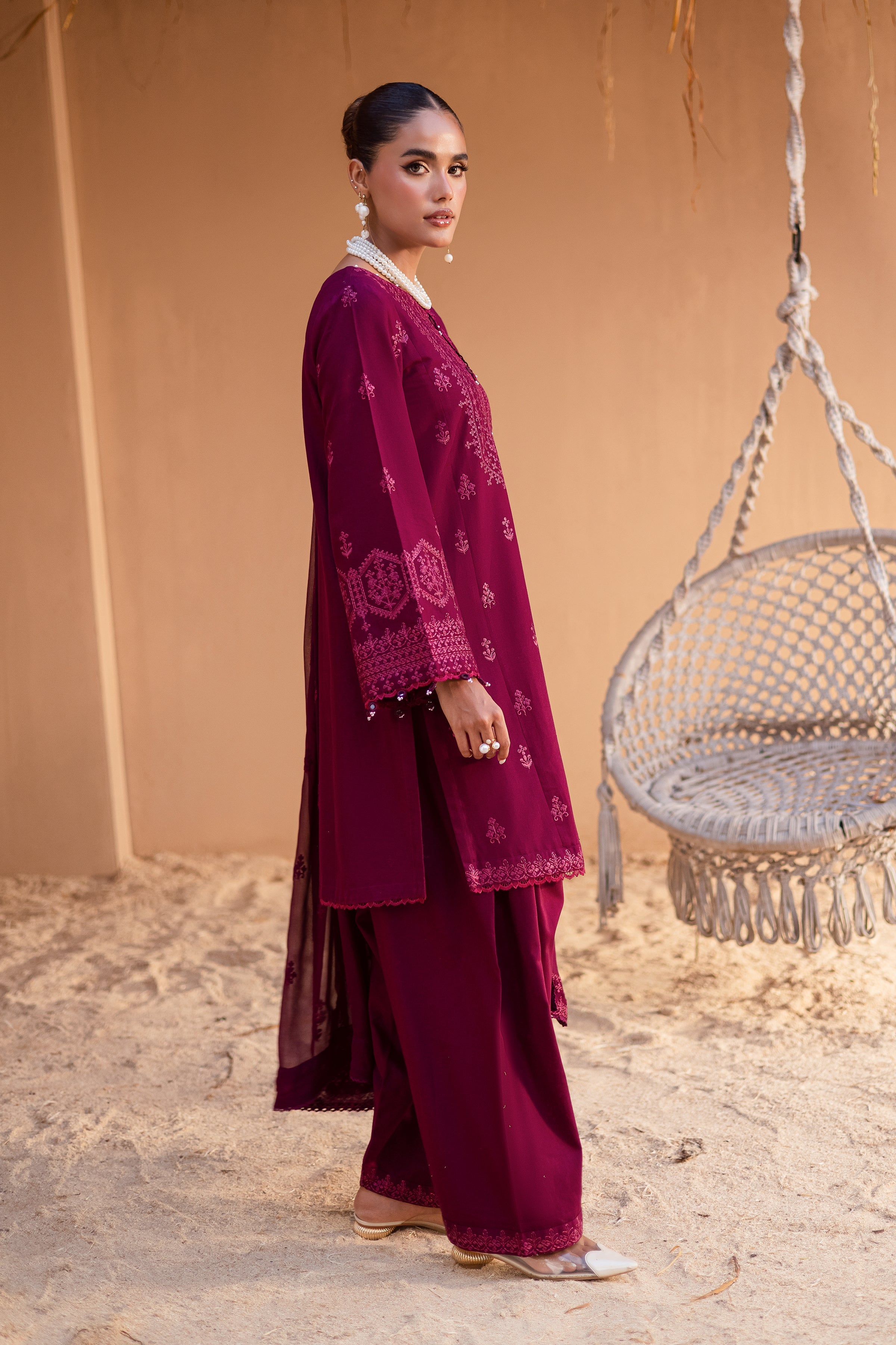 Maroon Henna 3Pc Embroidered Dress