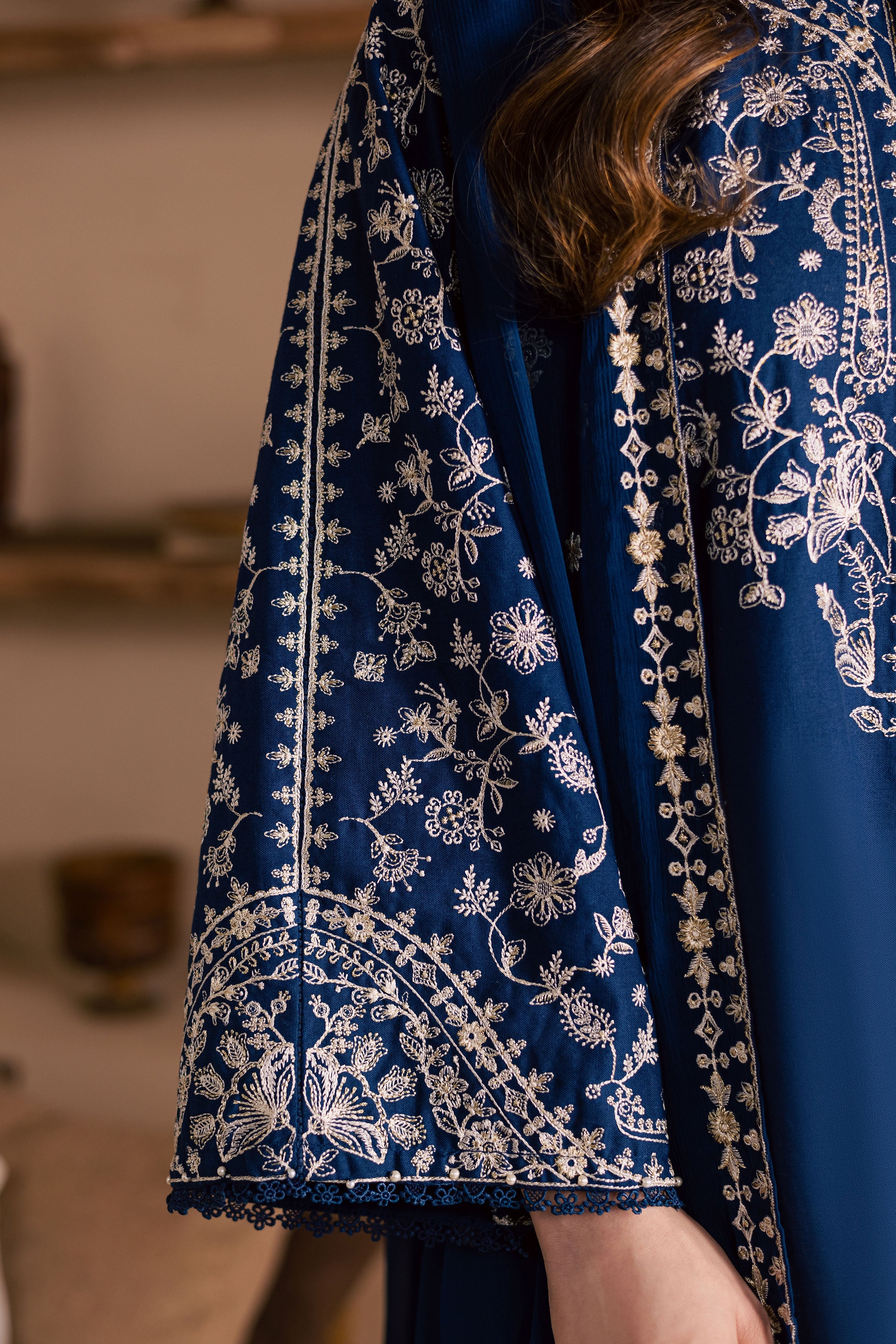 Blue Pashmin 3Pc-Embroidered Dress