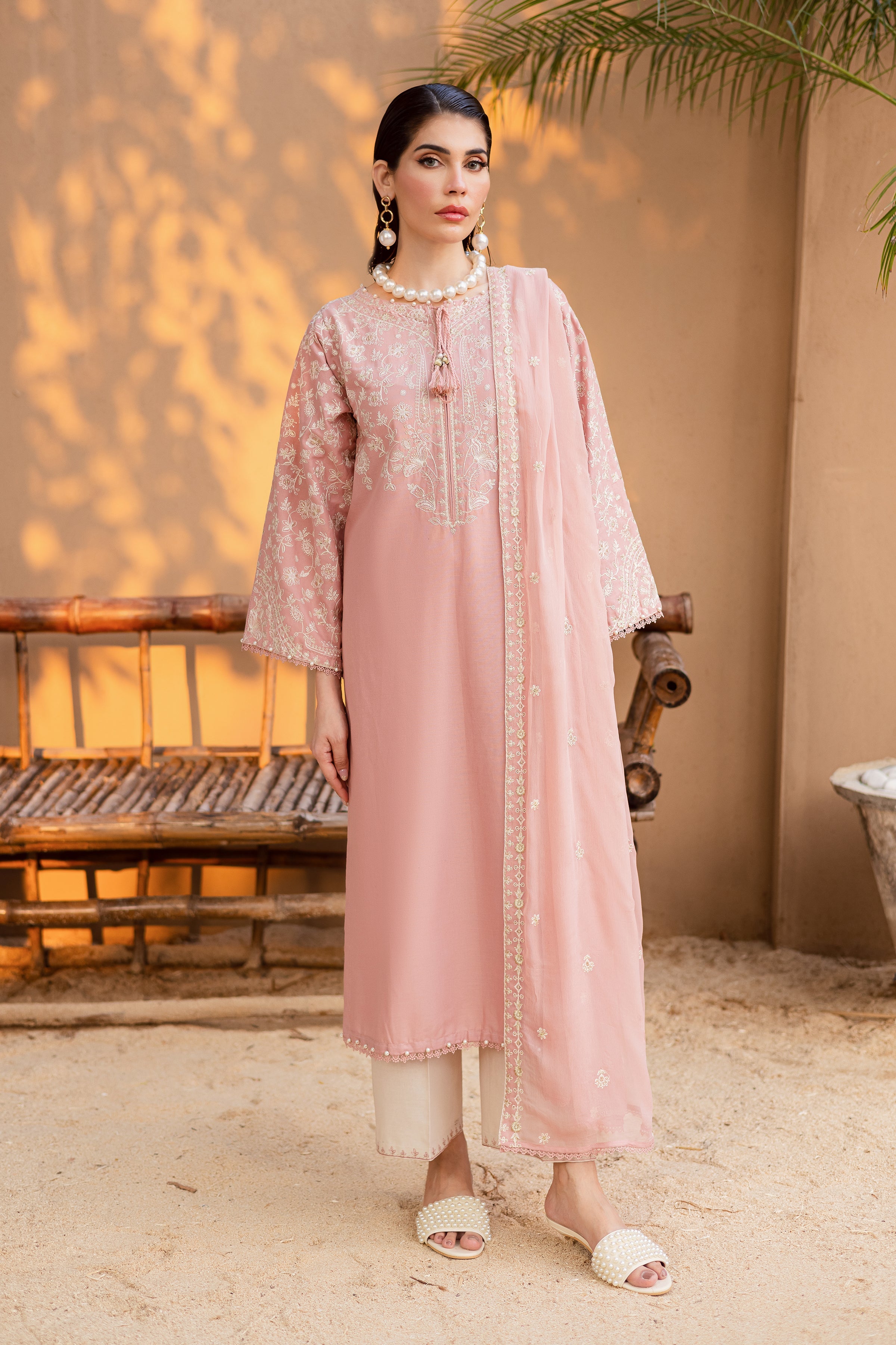 Pink Pashmina 3Pc Embroidered Dress