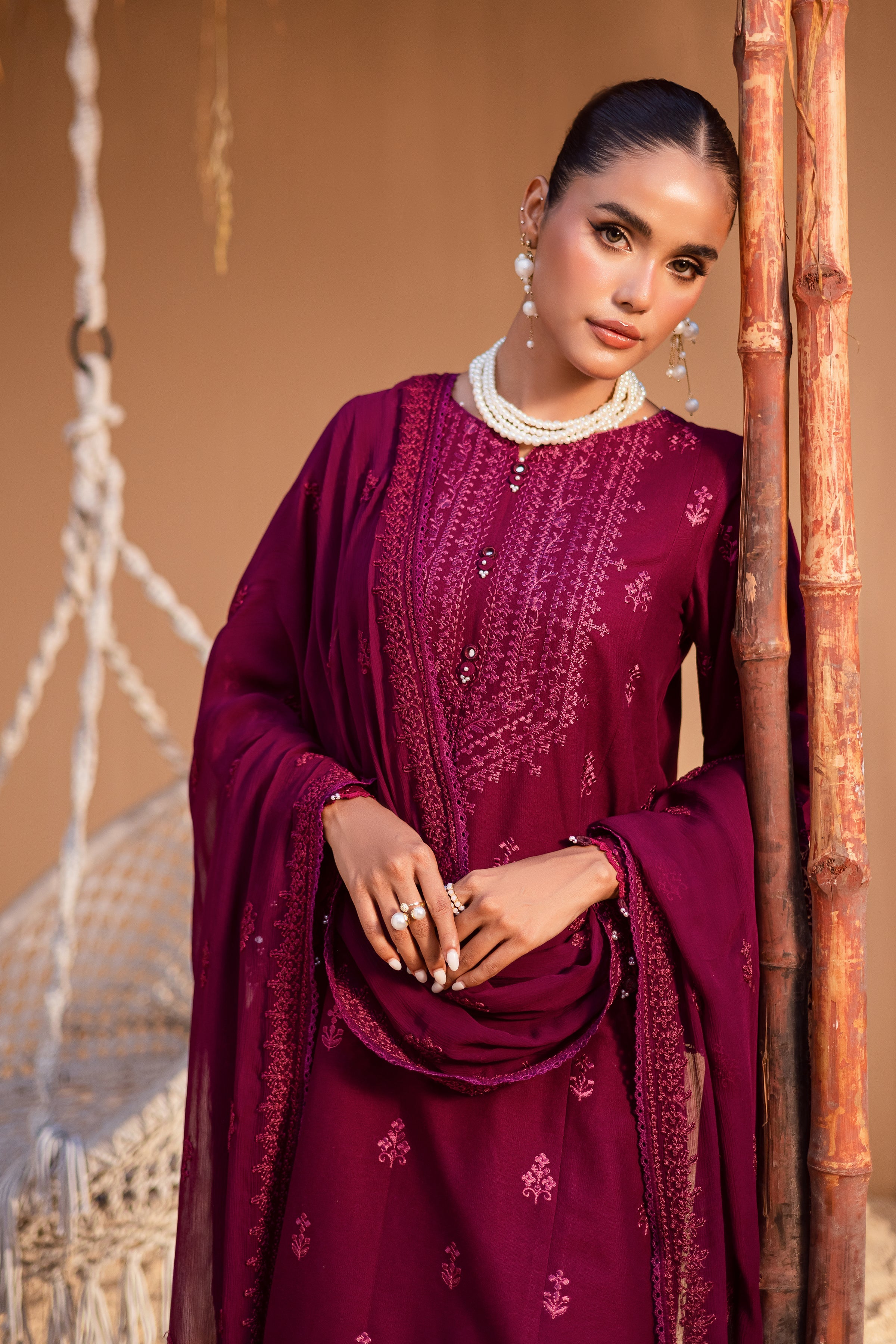 Maroon Henna 3Pc Embroidered Dress
