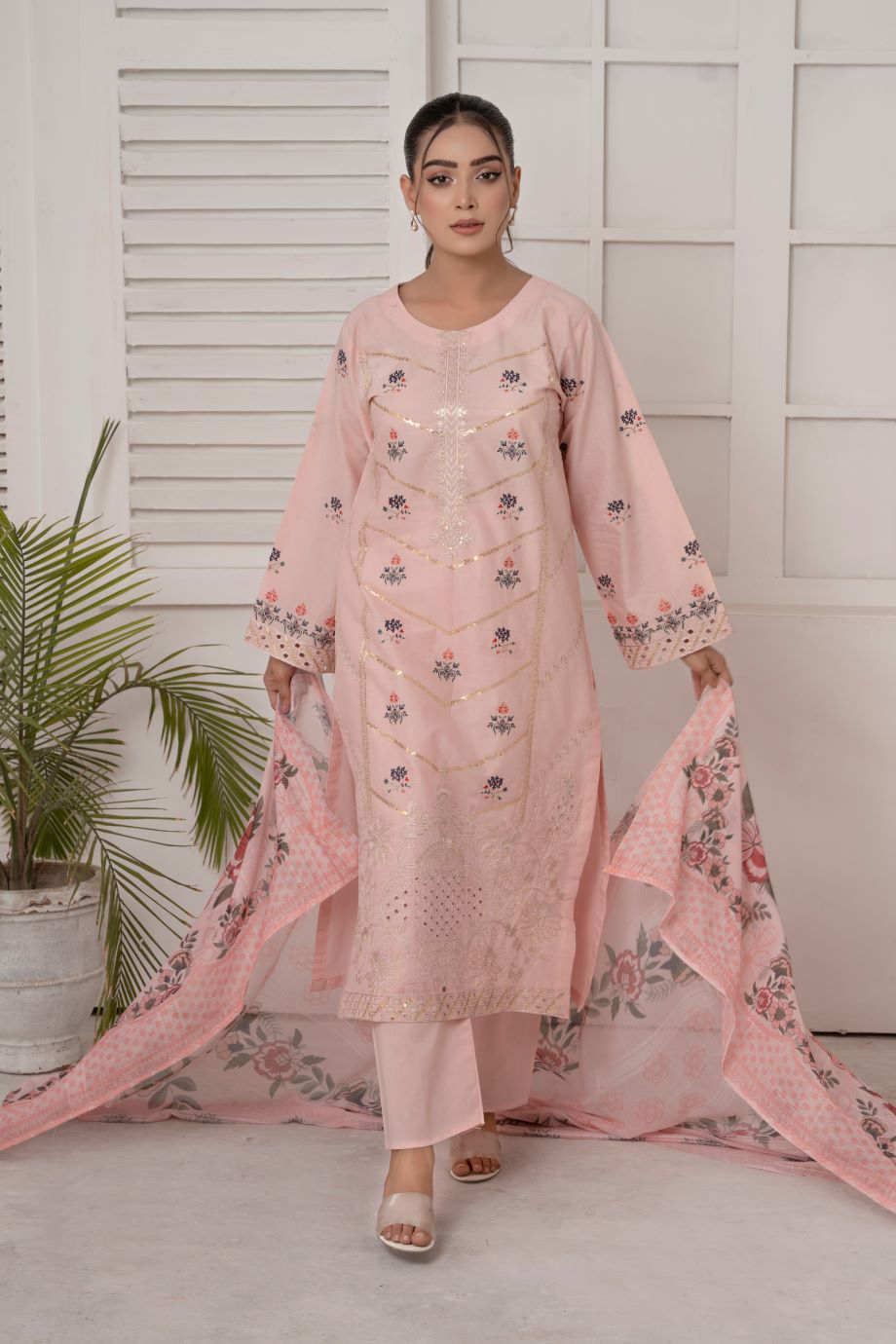 Peach Pearl - 3PC EMBROIDERED SUIT