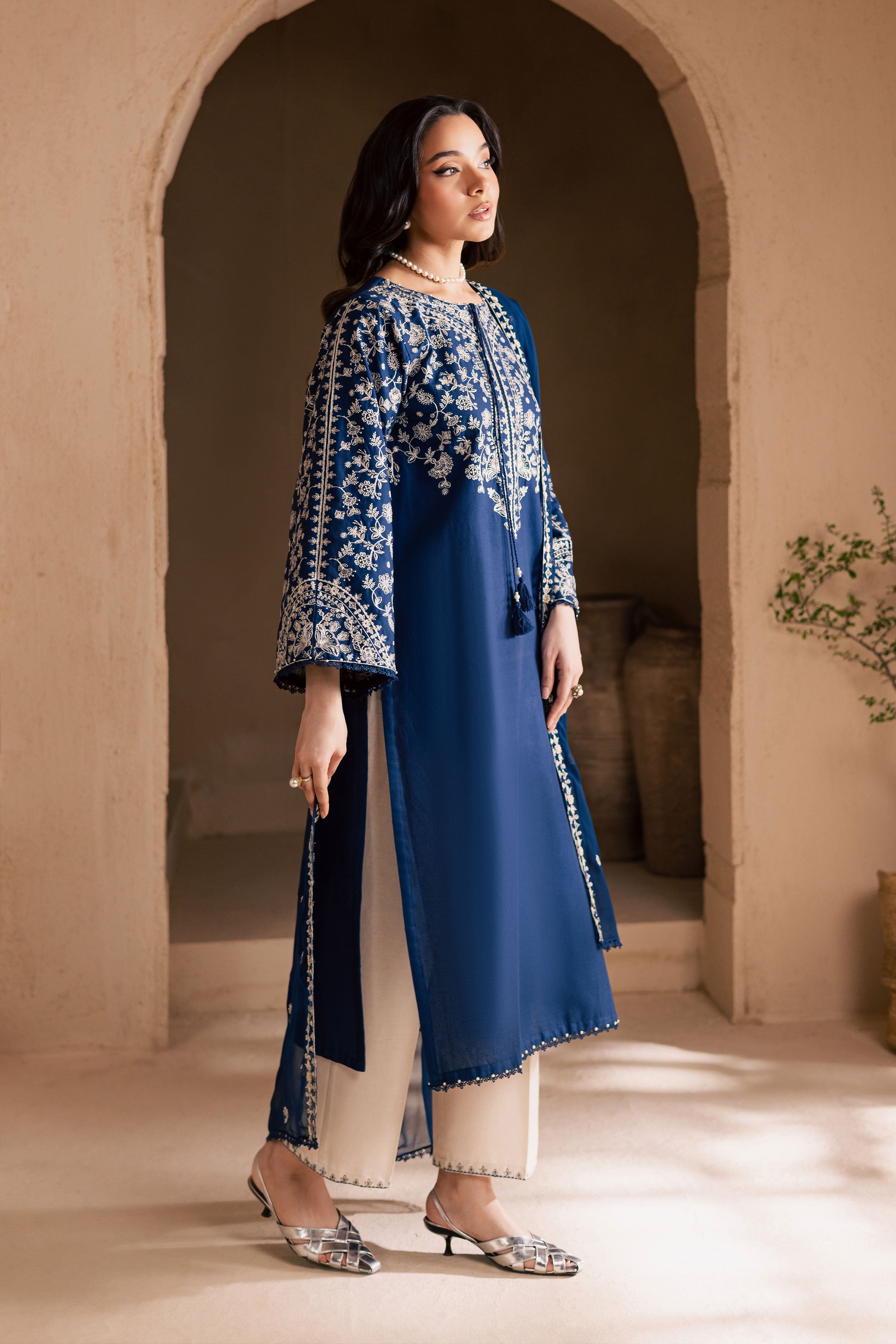 Blue Pashmin 3Pc-Embroidered Dress