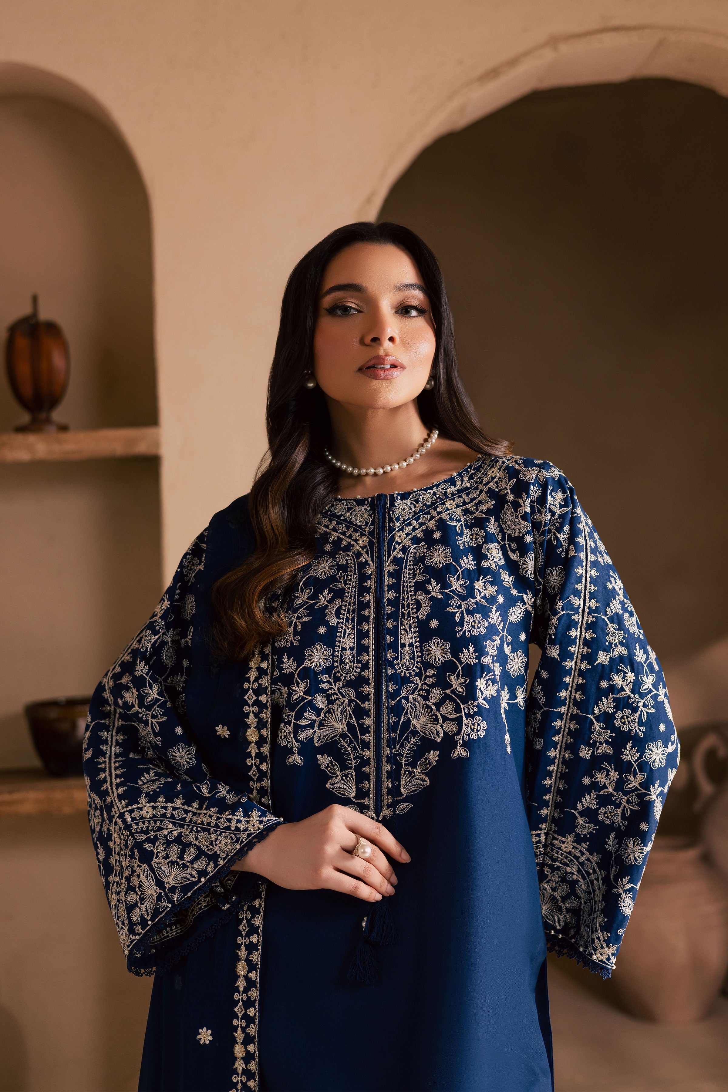 Blue Pashmin 3Pc-Embroidered Dress
