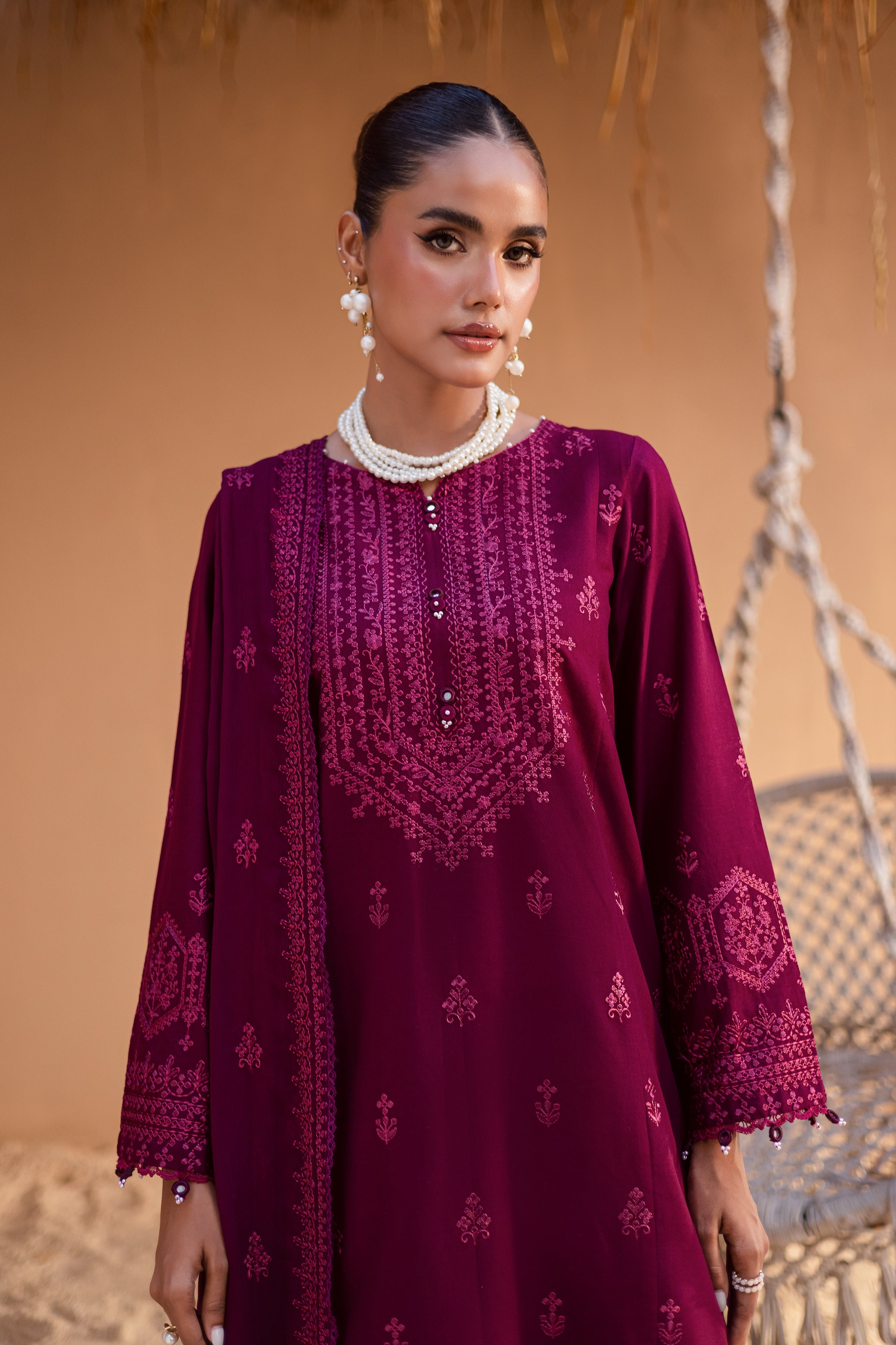 Maroon Henna 3Pc Embroidered Dress
