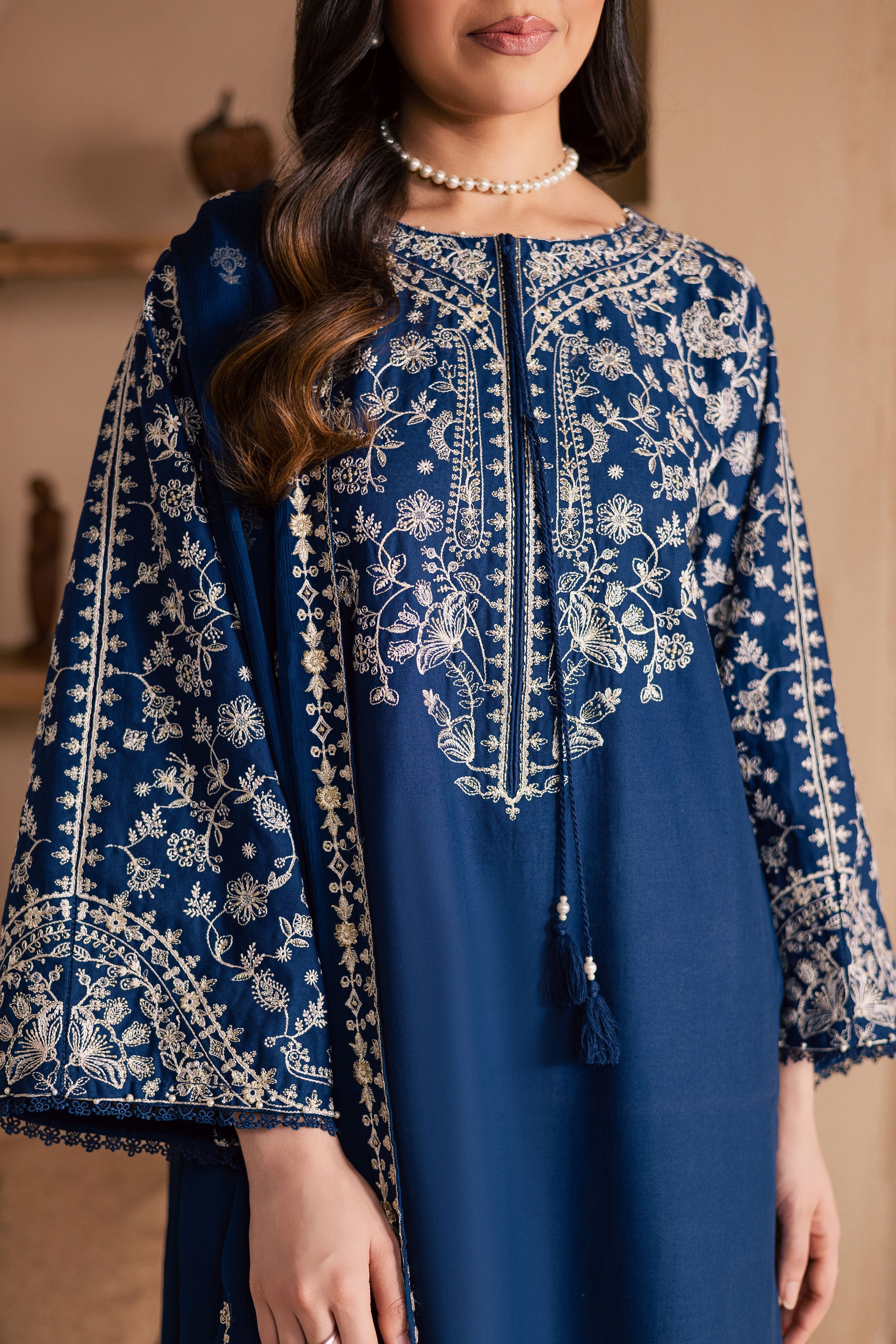 Blue Pashmin 3Pc-Embroidered Dress