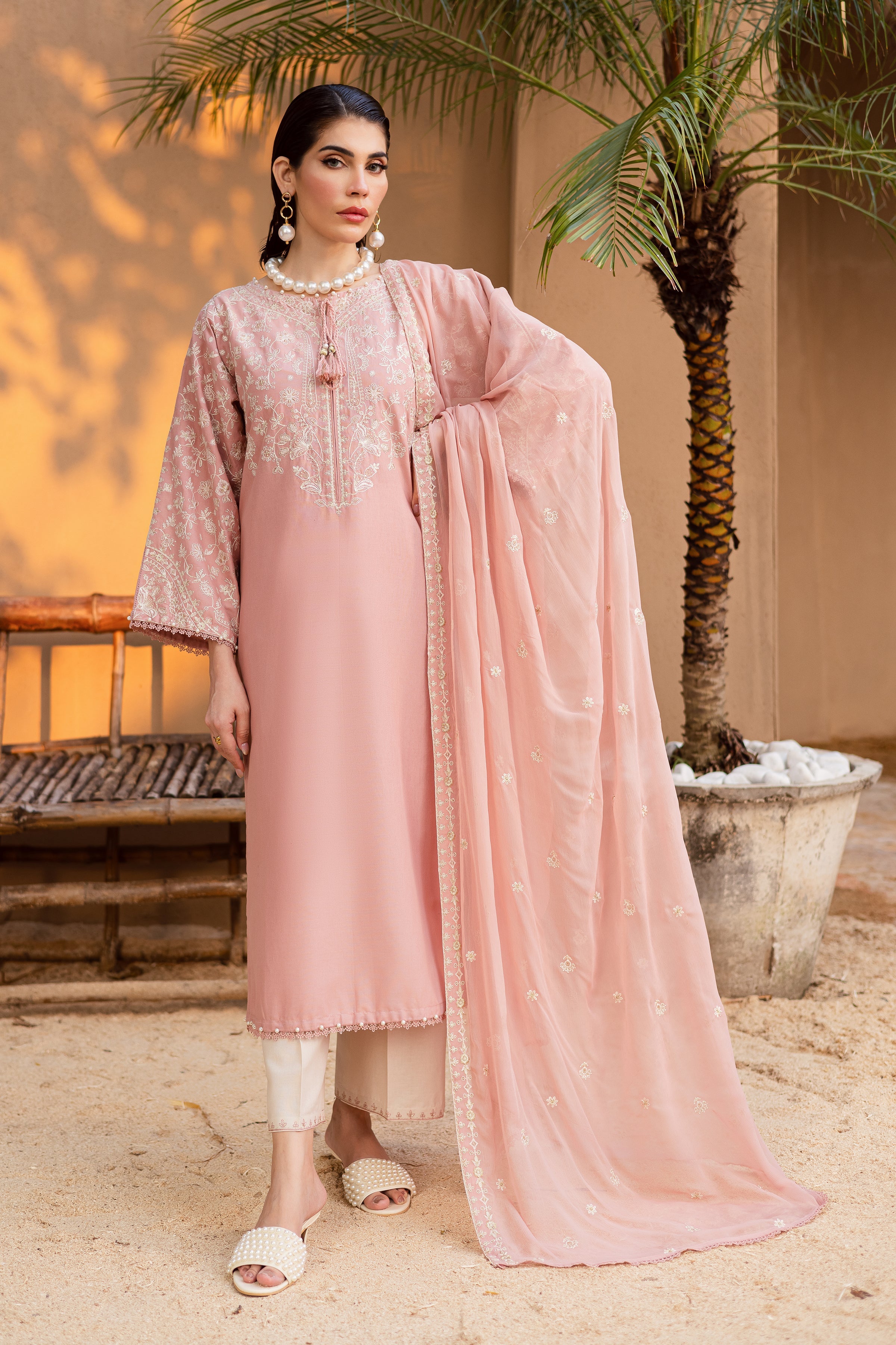 Pink Pashmina 3Pc Embroidered Dress