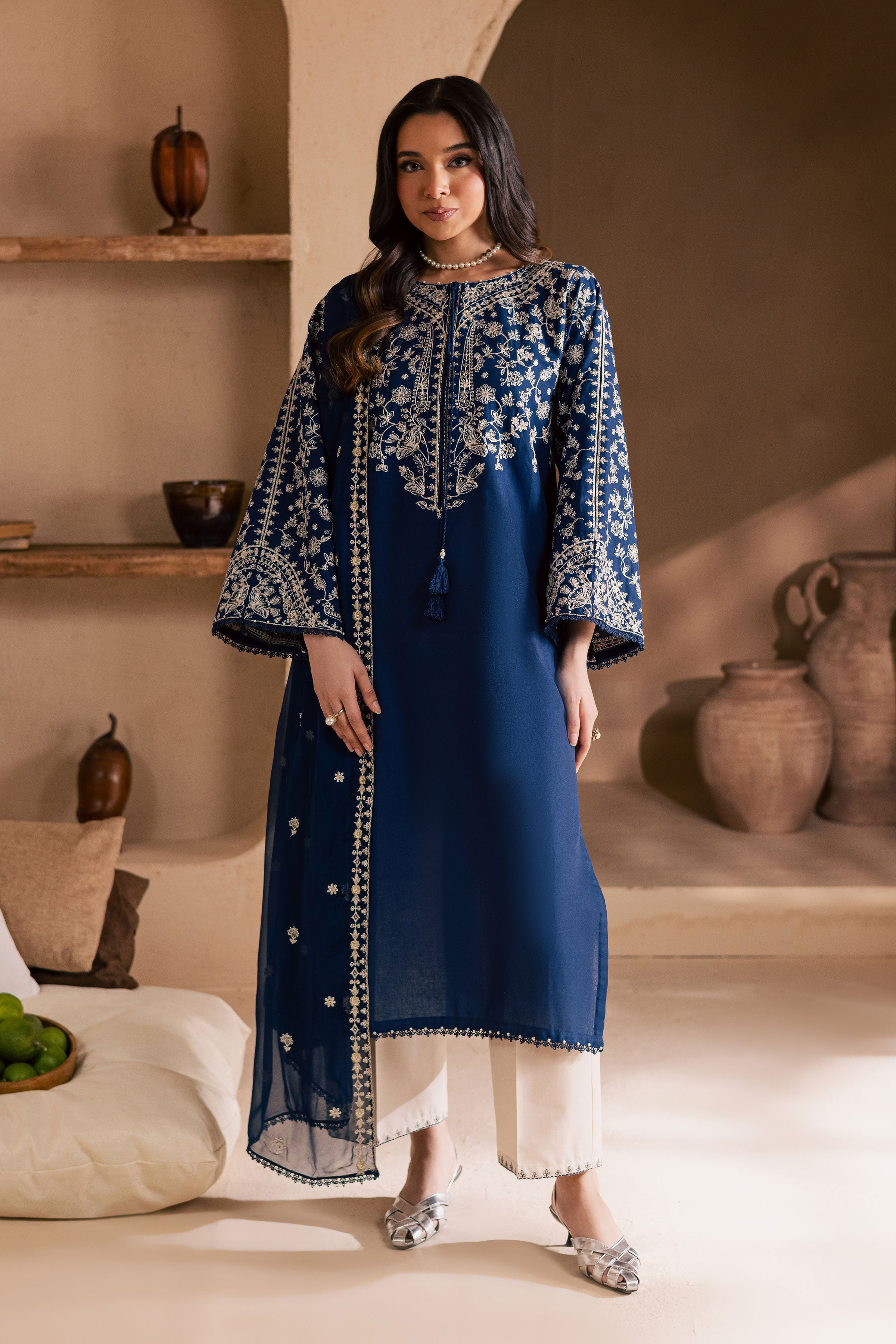Blue Pashmin 3Pc-Embroidered Dress