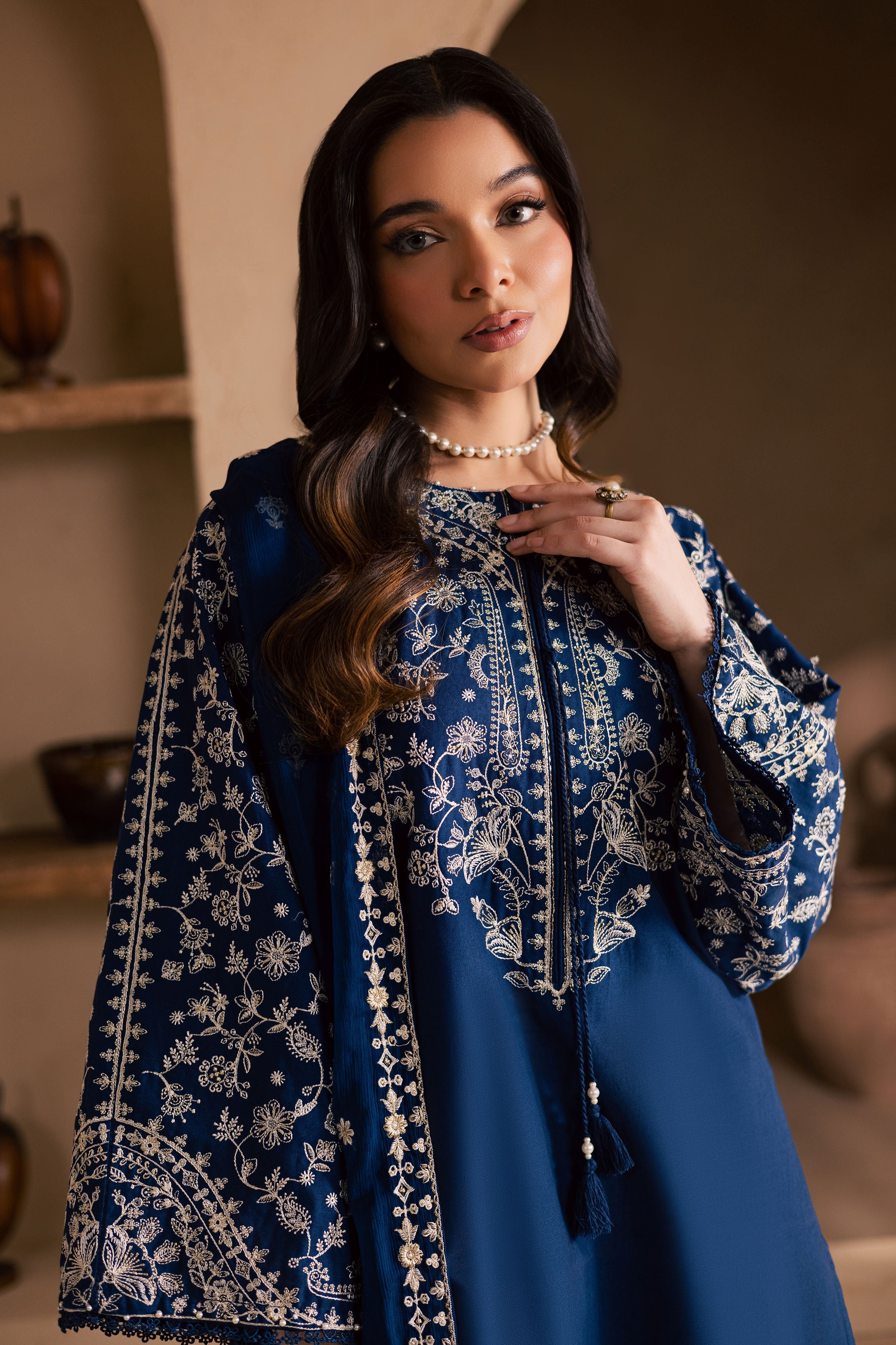 Blue Pashmin 3Pc-Embroidered Dress